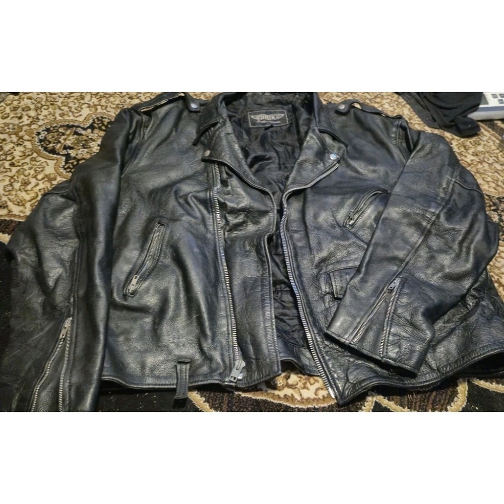 UNIK Leather Jacket‎ Men's Size 56 Black Motorcycle Biker Zip Up Heavy 🏍️🧥